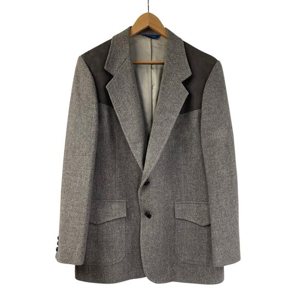 Pendleton Cowboy Sport Coat Blazer Gray Wool Leather Size 44 Long Vintage Jacket - Picture 1 of 10